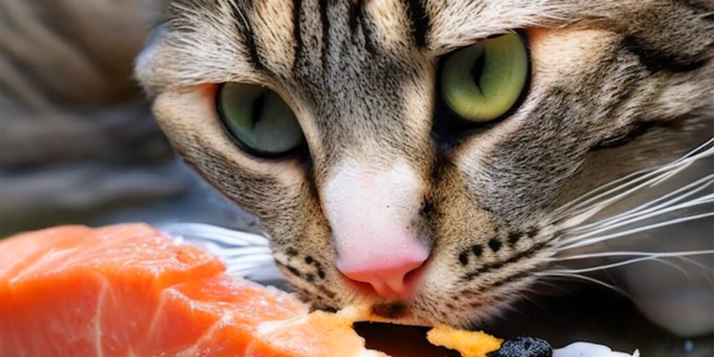 Cat eating salmon